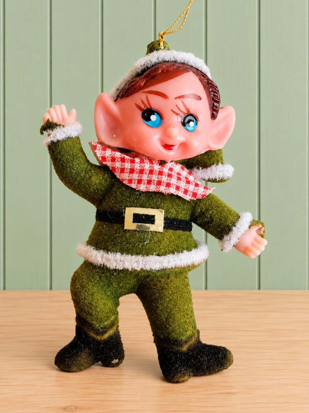 Vintage MCM Flocked Elf Christmas Tree Ornament Avocado Green Dancing Kitsch MCM
